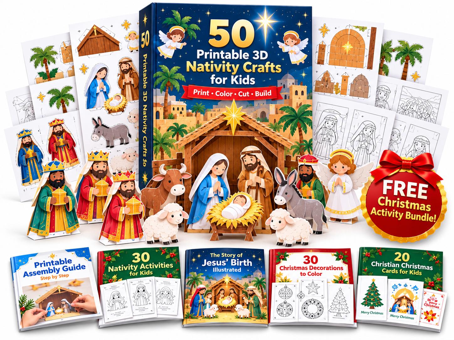Mockup featuring multiple assembled 3D Nativity scenes, Mary, Joseph, Baby Jesus, the Three Wise Men, shepherds, angels, animals, colorful and black-and-white printable pages, plus the Christmas Activity Bundle